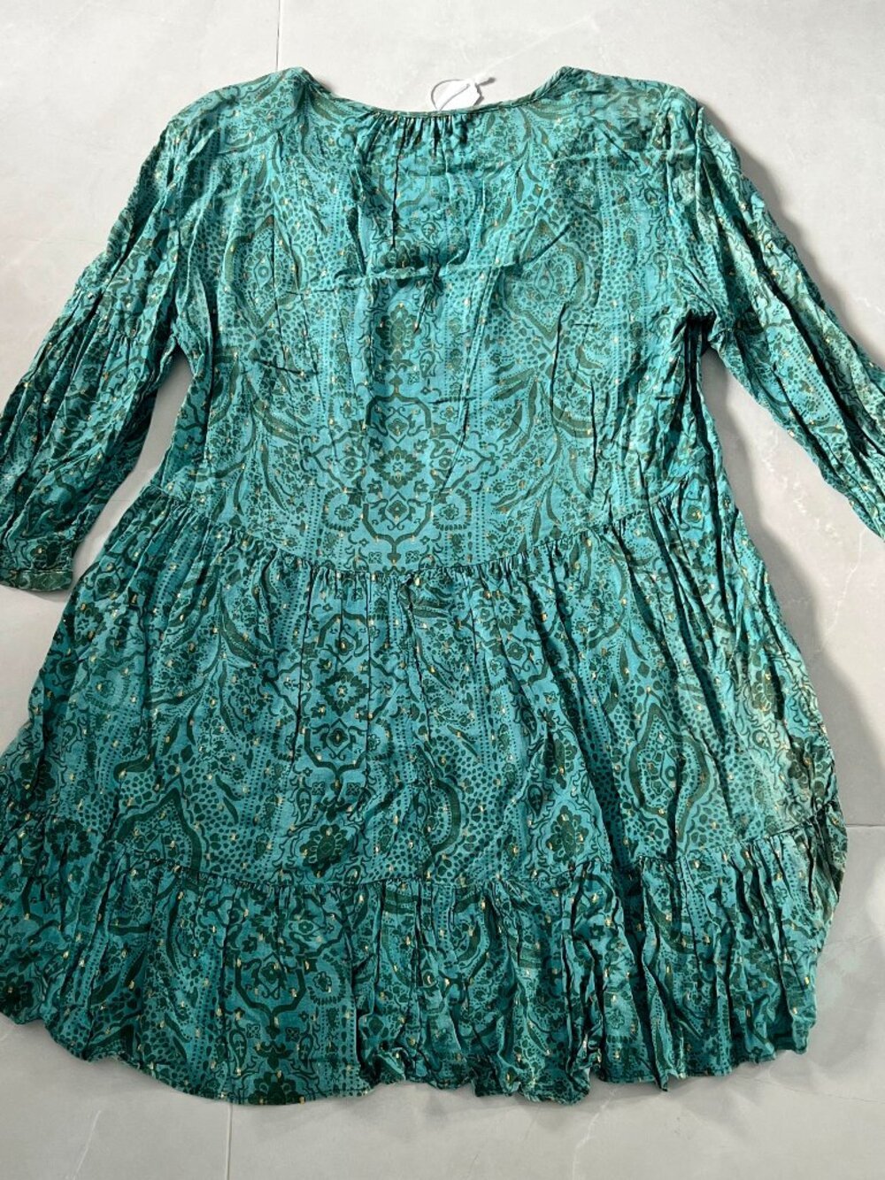 Zara Teal Green Paisley Gold Metallic Lurex Boho Tiered Mini Dress (Size L)